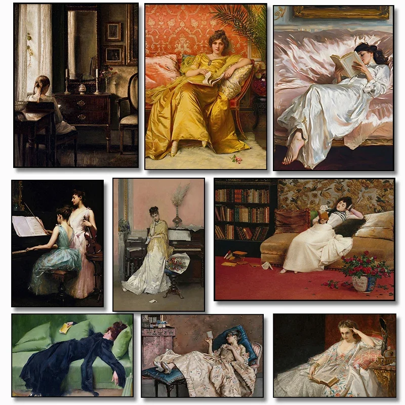 Viktorianische Frauenporträts lesen Kunst Mode Retro Poster Drucke Leinwand Malerei Wand Kunst Bild Wohnzimmer Home Decor
