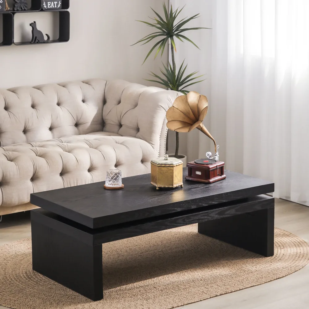 Modern Black Wood Coffee Table – Sleek Floating Top Design for Living Room 47.6