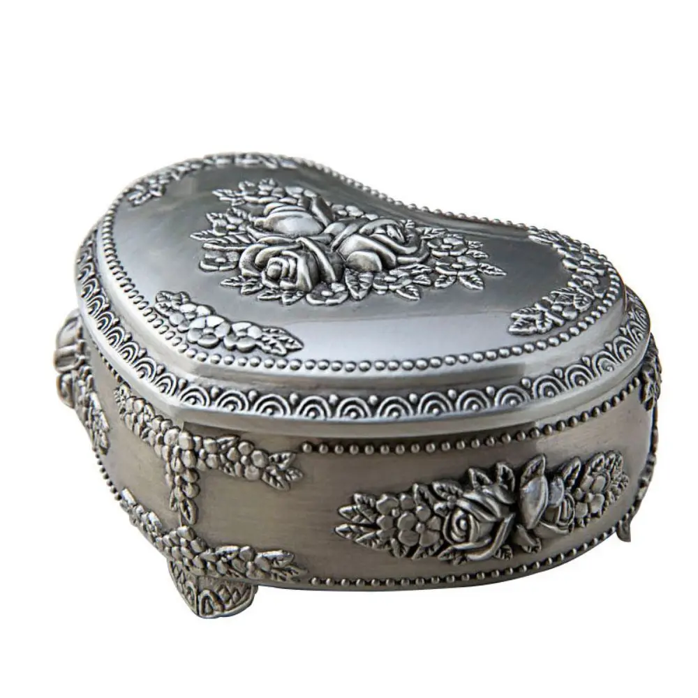 Heart Shape Heart Shape Jewelry Box Antique Tin Color Embossed Rose Pattern Vintage Jewelry Storage Holder Zinc Alloy