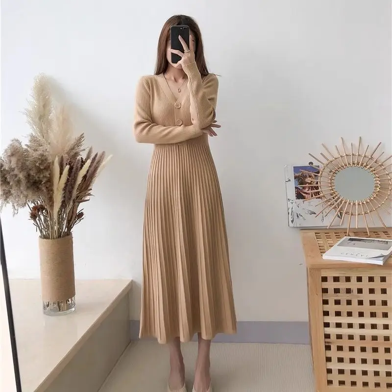 Women's Waistband Slimming Knit Dress 2023 Spring Autumn New Fashion V-neck Elegant Solid Long Sleeve A-line Long Skirt