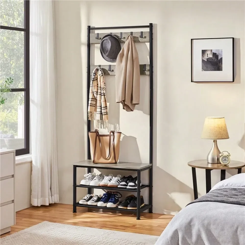 

1PC 73 Metal Hall Tree With Bench, 2Layer Shoe Shelf, And 9 Hooks