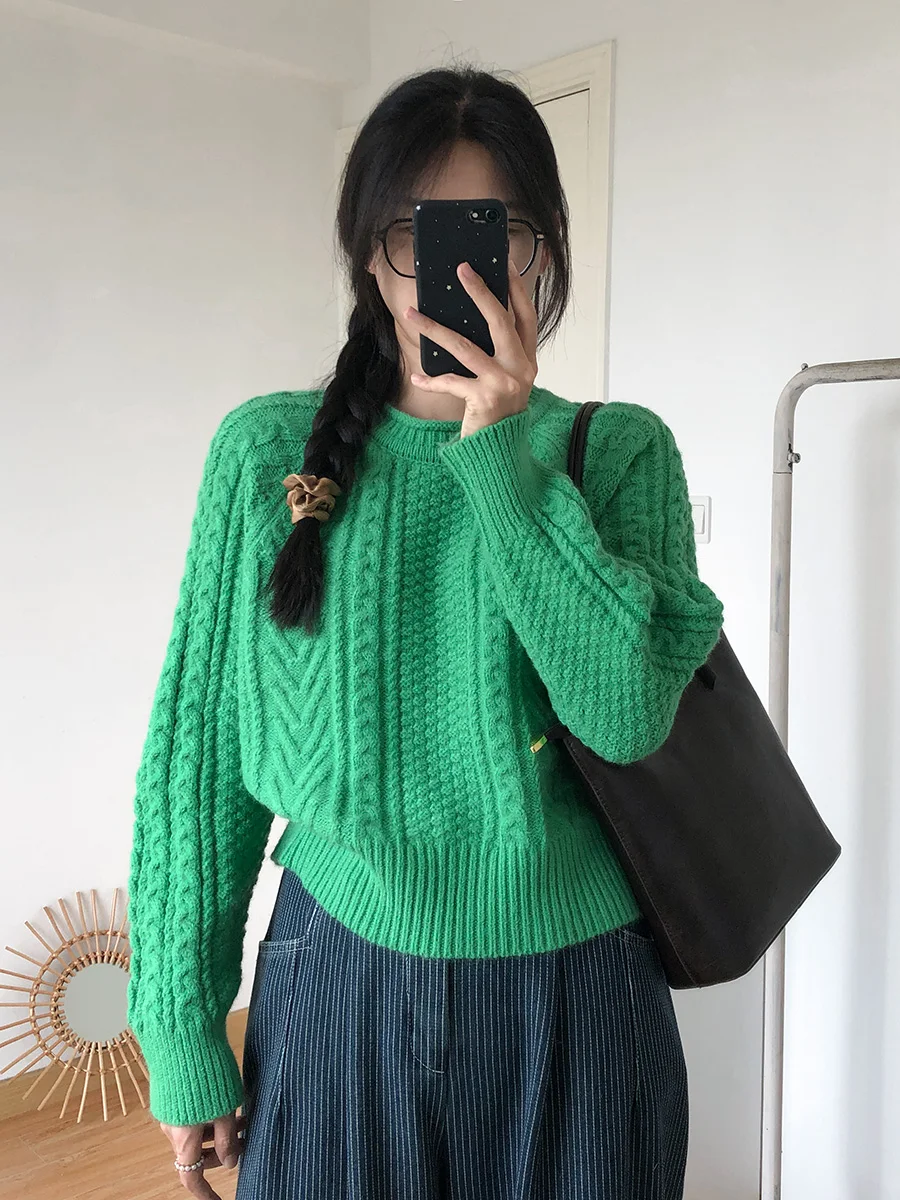 

Женский свободный вязаный свитер крупной вязки с узором «косы», мягкий, уютный, осенне-зимний, модный, для повседневной носки, с круглым вырезом, длинными рукавами