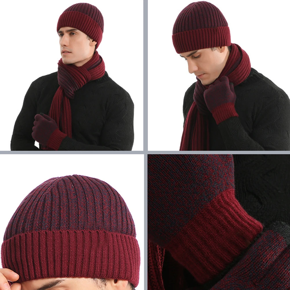 3pcs Wool Winter Hat Scarf Glove Sets for Men Women Beanies Hats Set Long Scarf Touch Screen Gloves