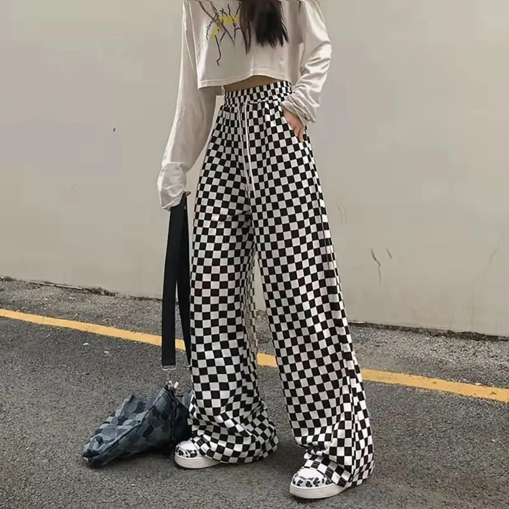 Vintage Plaid Women Pants High Waist Wide Leg Straight Pant Loose Casual Female Trousers Wide Leg Pant Fashion Streetwear