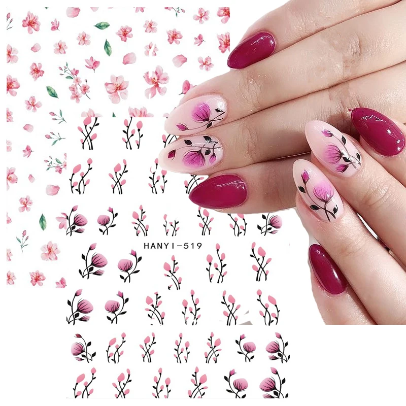 3D Back Glue Nail Stickers Watercolor  Flowers Pink Peach Cherry Blossom Tulip Adhesive Beauty Nail Decals Decoration