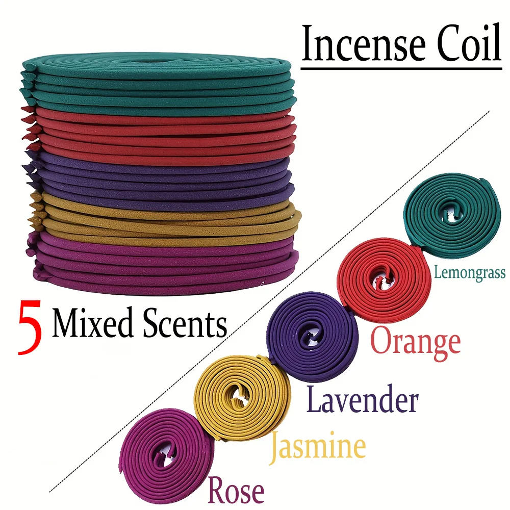 High-Quality Classic Spiral Incense Mixed Set, 6.3cm Diameter Handmade Coil Incense, Available in 5 Scents Including Lavender, Orange, Rose, Jasmine, and Lemongrass, Traditional Handmade Method, Rich and Natural Fragrance, Long-Lasting Scent, Portable Packaging, Convenient for Carrying, Suitable for Home and Outdoor Use