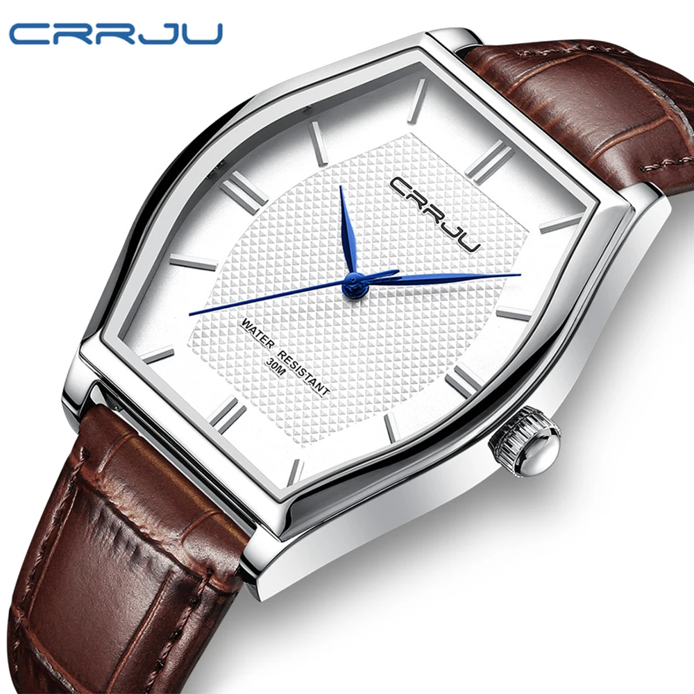 CRRJU Fashion Mens Watches Japan Quartz Slim Mesh Steel Leather Band Waterproof Relogio Masculino