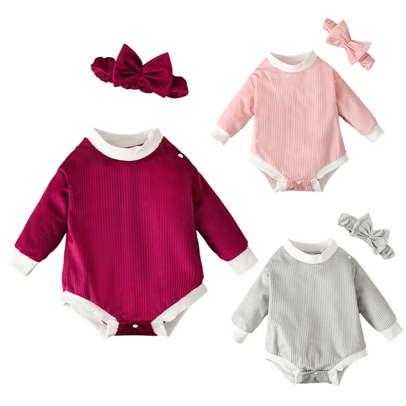 

0-18M Baby Girl Romper Long Sleeve Bodysuit+Headband Autumn Solid Casual Infant Playsuit Children Clothing Toddler Jumpsuit A679