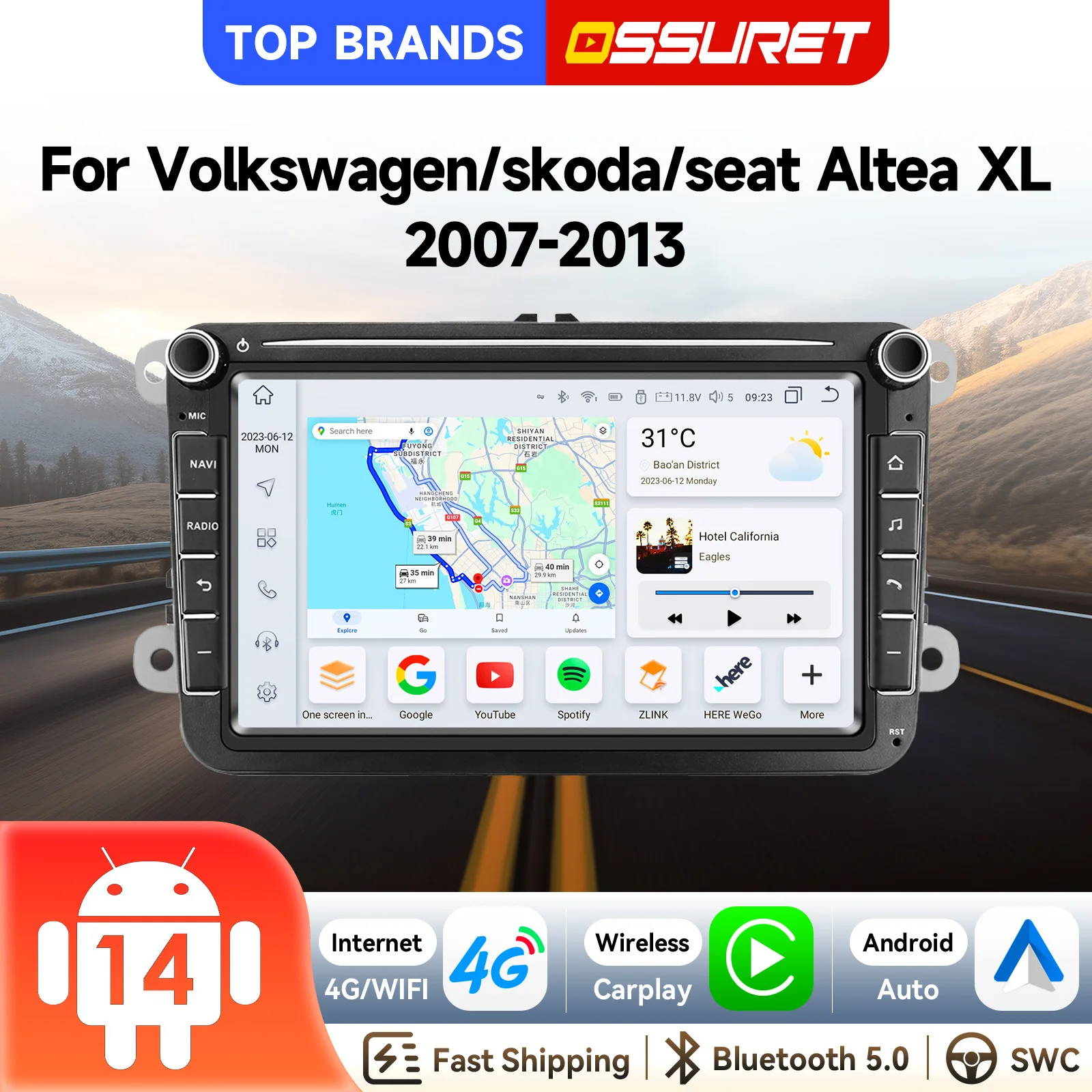 OSSURET Schneller Versand 2 Din 8 Zoll Autoradio für Volkswagen Golf/Passat/Tiguan für Skoda Octavia/Fabia/Superb/Yeti für Seat Toledo/Altea/Leon GPS-Navigation Autoradio Wireless Carplay Android Auto