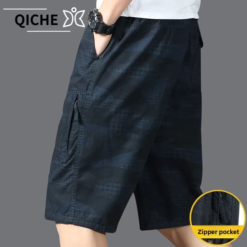 QICHE Men Loose Plus Size 7 Inch Cargo Pants Thin Summer Casual Outdoor Trousers