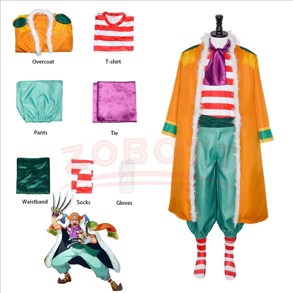 Anime Buggy Cosplay Costume Bara Bara No Mi Chop-Chop Fruit Yellow Cloak Stripe T-shirt Shoes Adult Man Halloween Clown Suit