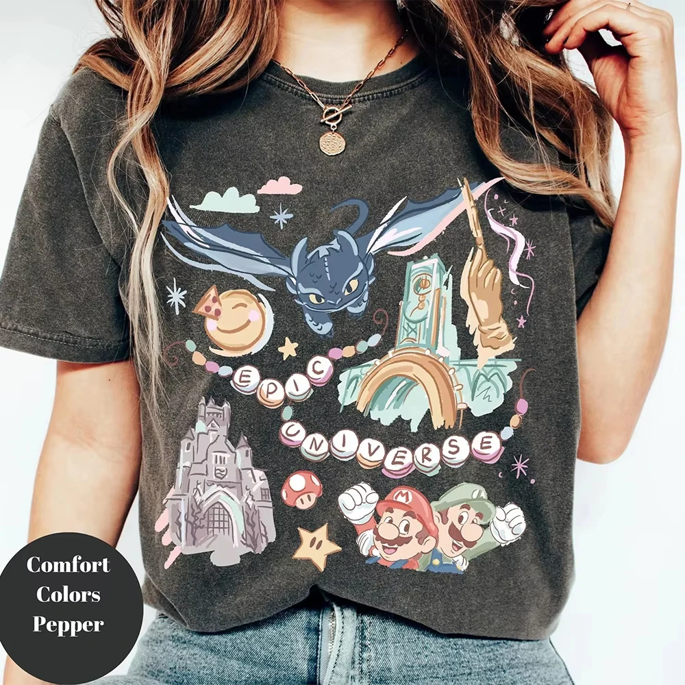 2025 ديزني ريترو الأسرة قميص للنساء الصيف فضفاضة وتنفس القطن جولة الرقبة تي شيرت Y2K اليومية مريحة #5