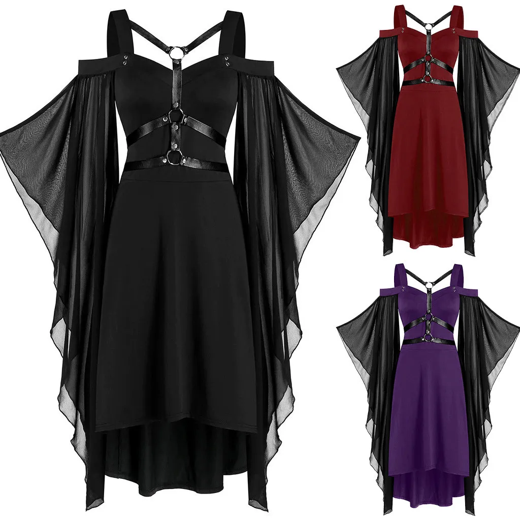 Women Gothic Punk Dress Plus Size Cosplay Costumes Cool Solid Lace Insert Butterfly Sleeve Dress Mesh Stitching Suspender Dress