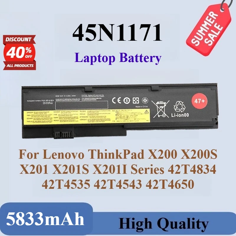 

New Laptop Battery 45N1171 10.8V 5833mAh for Lenovo ThinkPad X200 X200S X201 X201S X201I Series 42T4834 42T4535 42T4543 42T4650