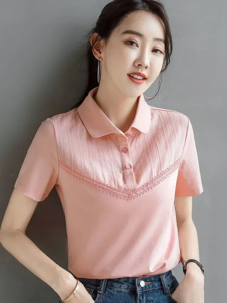 Polo Neck Shirt for Women Baggy 100℅ Cotton Woman T Plain Aesthetic Cheap Tops New Summer 2024 Pulovers Youthful Clothes Elegant