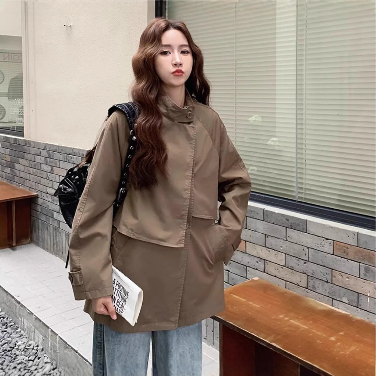 

SuperAen, осень 2026, новый простой повседневный плащ в стиле ретро, элегантные куртки оверсайз в корейском стиле с воротником-стойкой