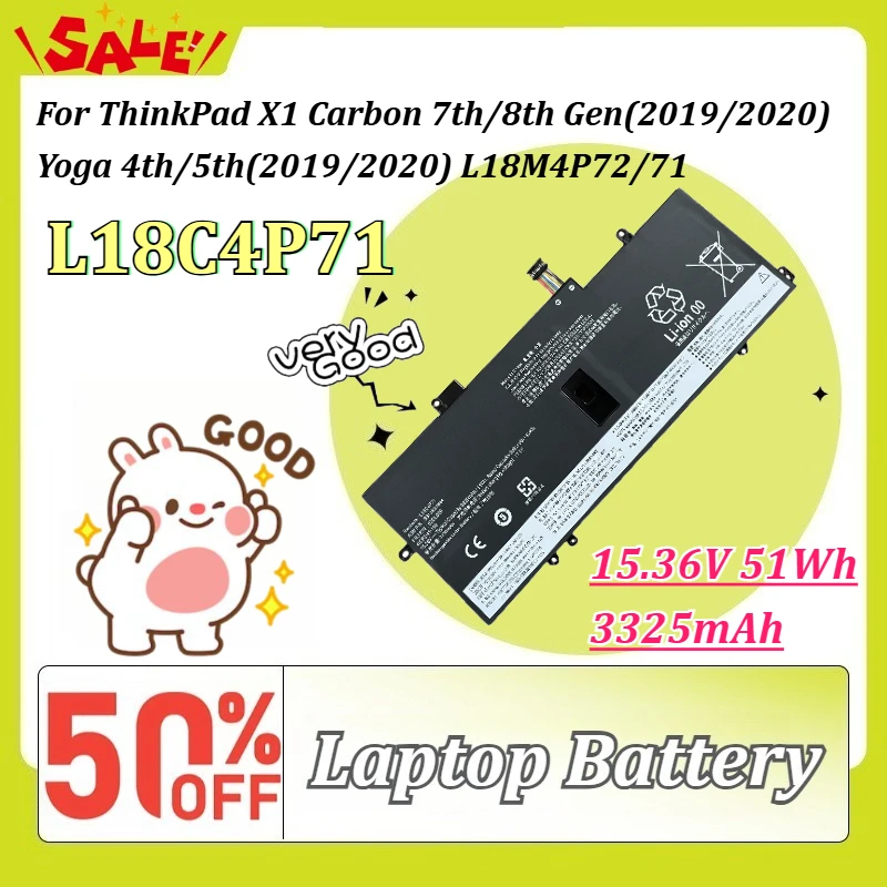 L18C4P71 15.36V 51Wh 3325mAh Laptop Battery for ThinkPad X1 Carbon 7th/8th Gen(2019/2020) Yoga 4th/5th(2019/2020) L18M4P72/71
