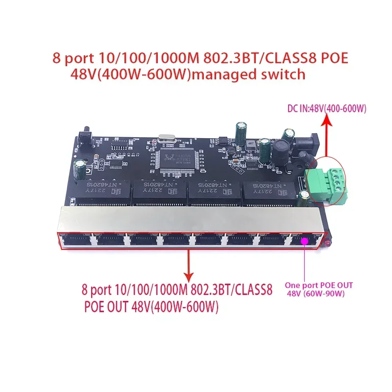 8-port 10/100/1000M POE 48V(400W-600W) 802.3BT/ class8  managed  switch