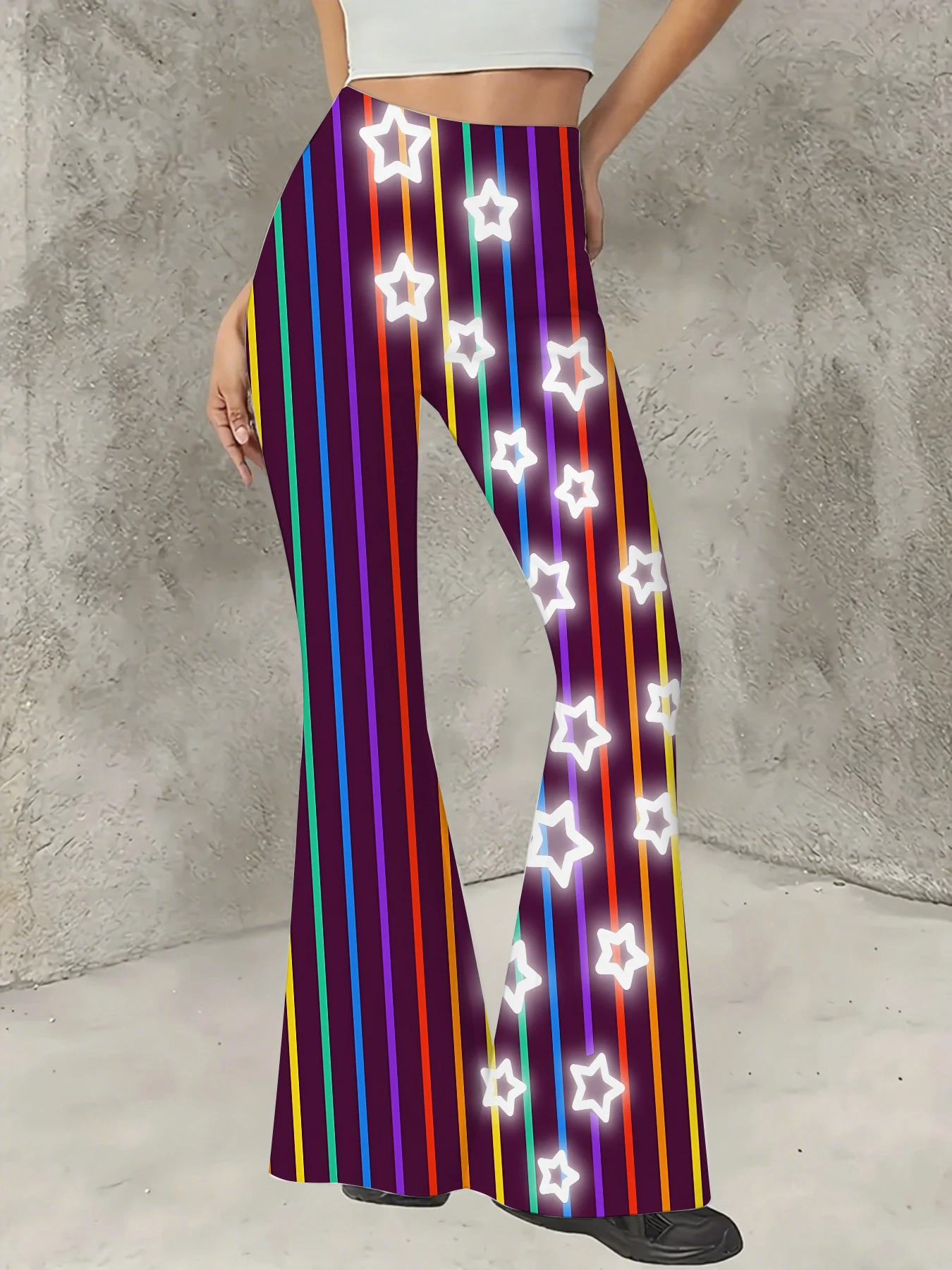 

Retro Printed Flare Pants Women High Waist Polyester Knit Bell Bottom Trousers