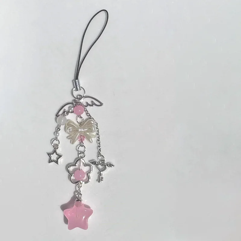 Y2K Blau Rosa Stern Charm Schlüsselflügel Schleife Anhänger Kawaii Niedlicher Engel Schlüsselanhänger Himmlischer Fairycore Schmuck Geschenk Ästhetik 2000er Jahre – Detail 2