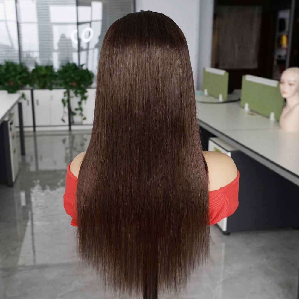 Perruque Lace Front Wig Remy naturelle lisse, brun, 13x4, 12-30, pre-plucked, transparente, densité 180%, pour femmes