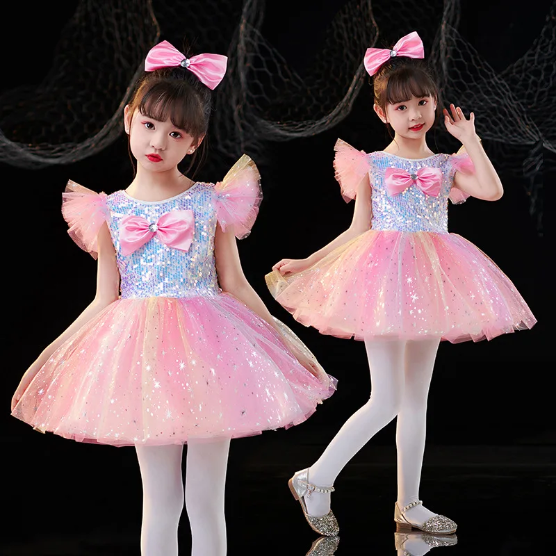 Colorful Glitter Mesh Girls Ballerina Dress Fly Sleeve Bow Accent Mini Skirt for Stage Recital Wedding Flower Costume