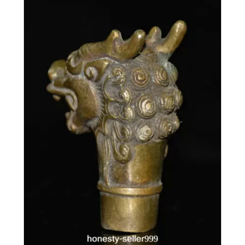 Old Dynasty Bronze Fengshui Zodiac Dragon Head Walking Stick Crutch Head Statue