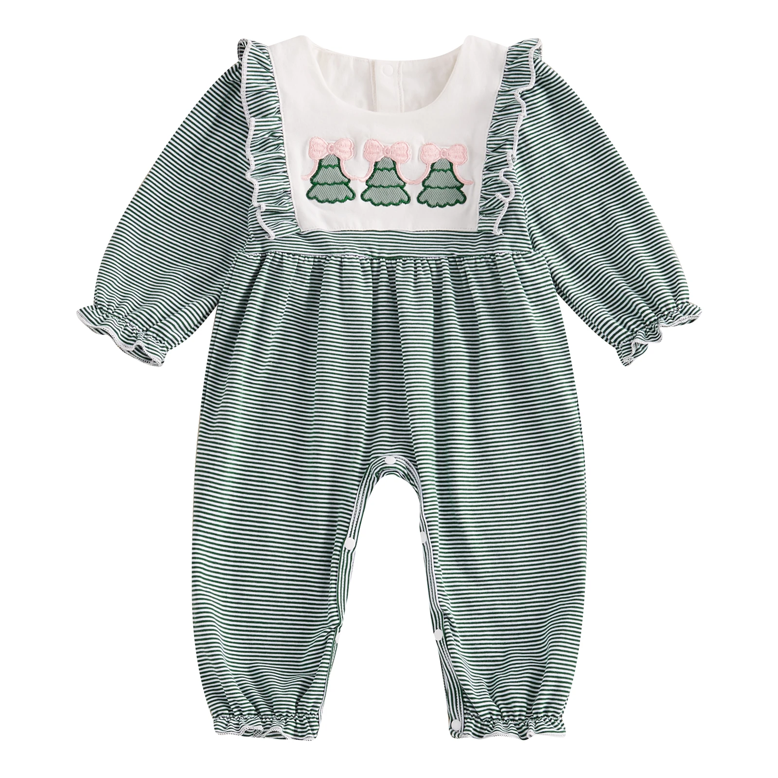 Infant Baby Girls Christmas Jumpsuit Cute Santa Claus/Christmas Tree Embroidery Long Sleeve Ruffles O Neck Romper for Newborn