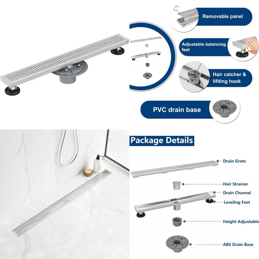 

Stainless Steel 36-Inch Linear Shower Drain with Brushed Rectangle Frame and Quadrato Pattern Grate - Modern Bathroom Floor Drai