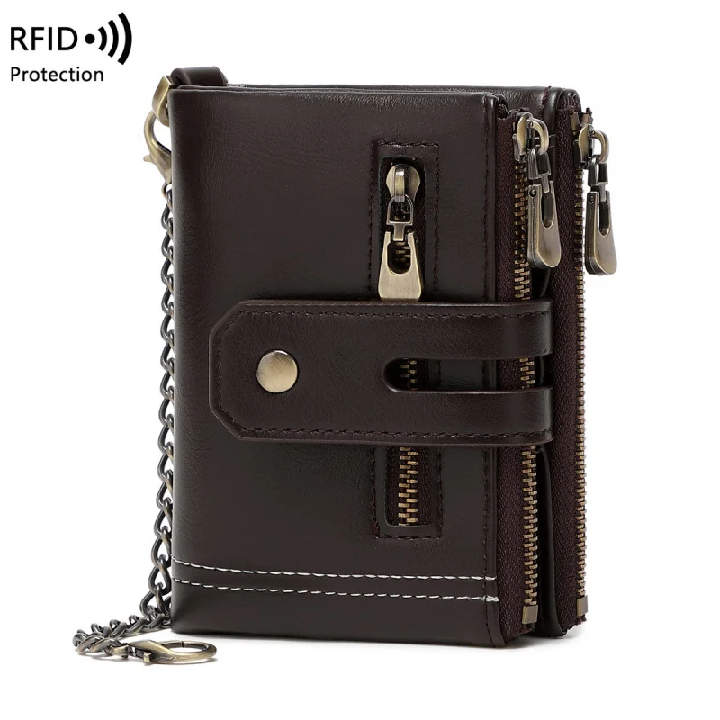 Western RFID Blocking PU Leather Chain Men Wallet Large Capacity Multifunctional Three Floded Coin Purse for Mens