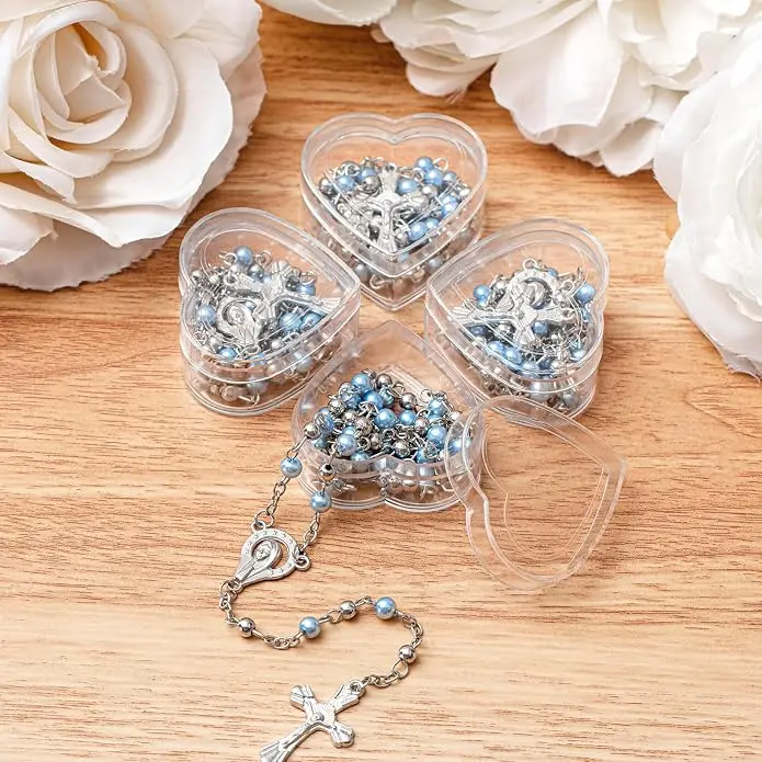 10set/30pcs Catholic Rosary Necklace，First Communion Baptism Favors, Faux Pearl Centerpiece, Heart Box Organza Bag Gift Ready