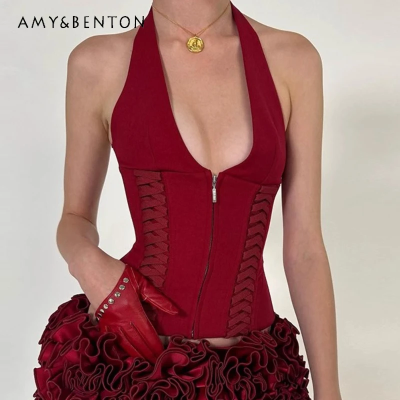 

American Hot Girl Style V-Neck Halter Strap Women's Vest 2025 Summer New Original Design Sense Waist Skinny Zipper Top Ladies