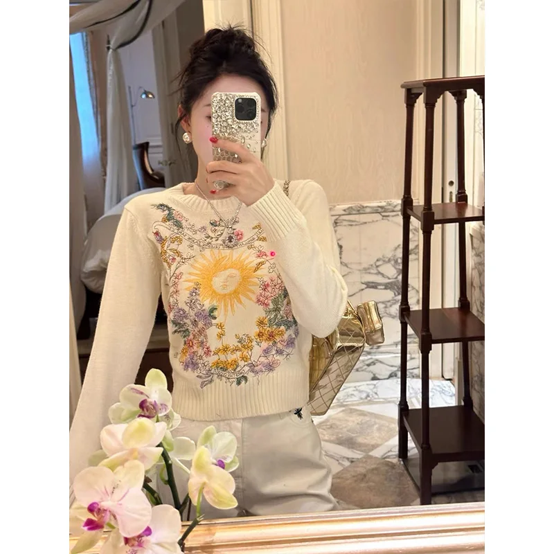 Women Clothing Fashion O-neck Embroidery Jacquard Sweaters Autumn Winter Chic Sweet Loose Knitted Tops Daily Casual Commute Tops