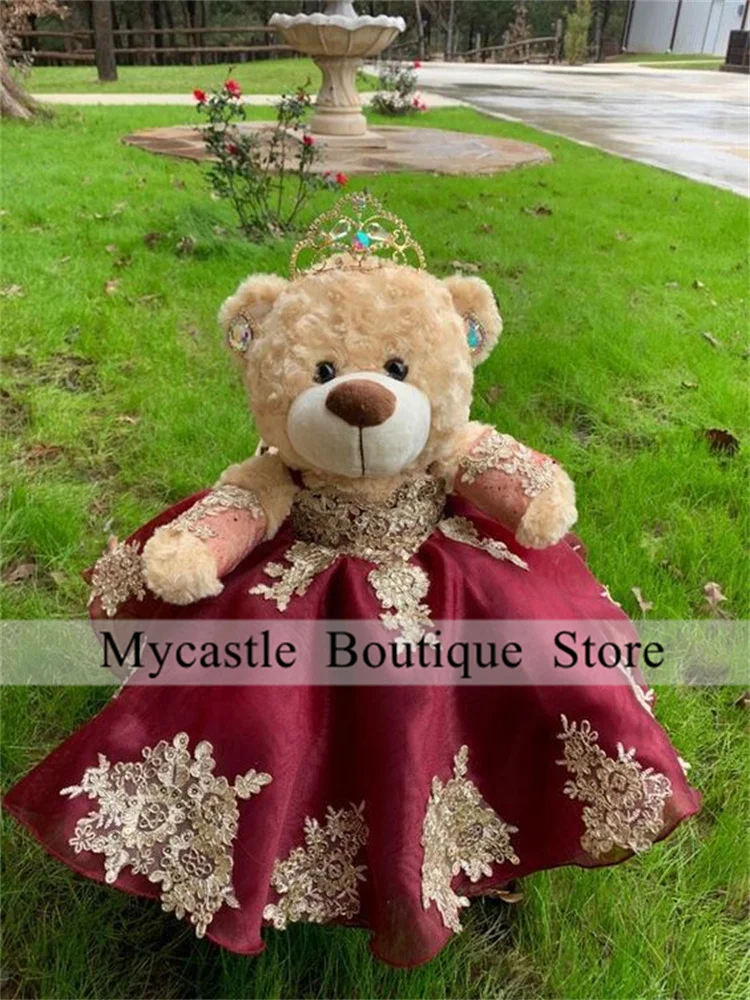 

New Arrivals Burgundy Off The Shoulder Quinceanera Teddy Bear Dress With Gold Lace Appliques Mini Quinceanera Dress