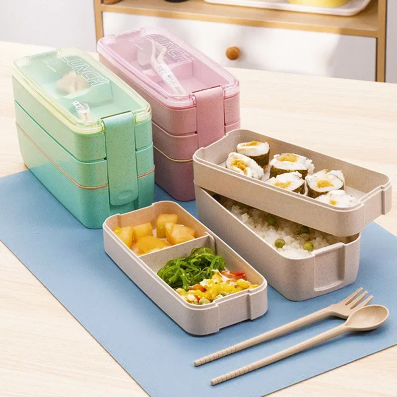 

Double-deck 750ml Microwave Lunch Box Wheat Straw Dinnerware Food Storage Container Kids School Office Portable Bento Picnic Box