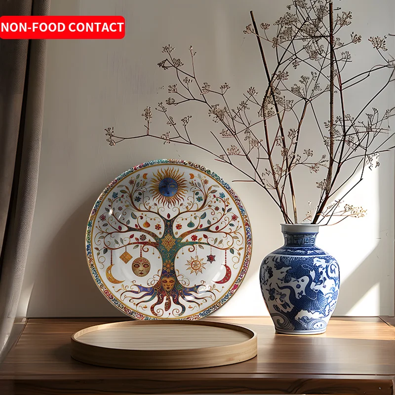 1pc Art Deco Ceramic Decorative Plate - Natural Landscape Tree & Sun Design, Round Non-Food Contact Home Wall & Tabletop Decor