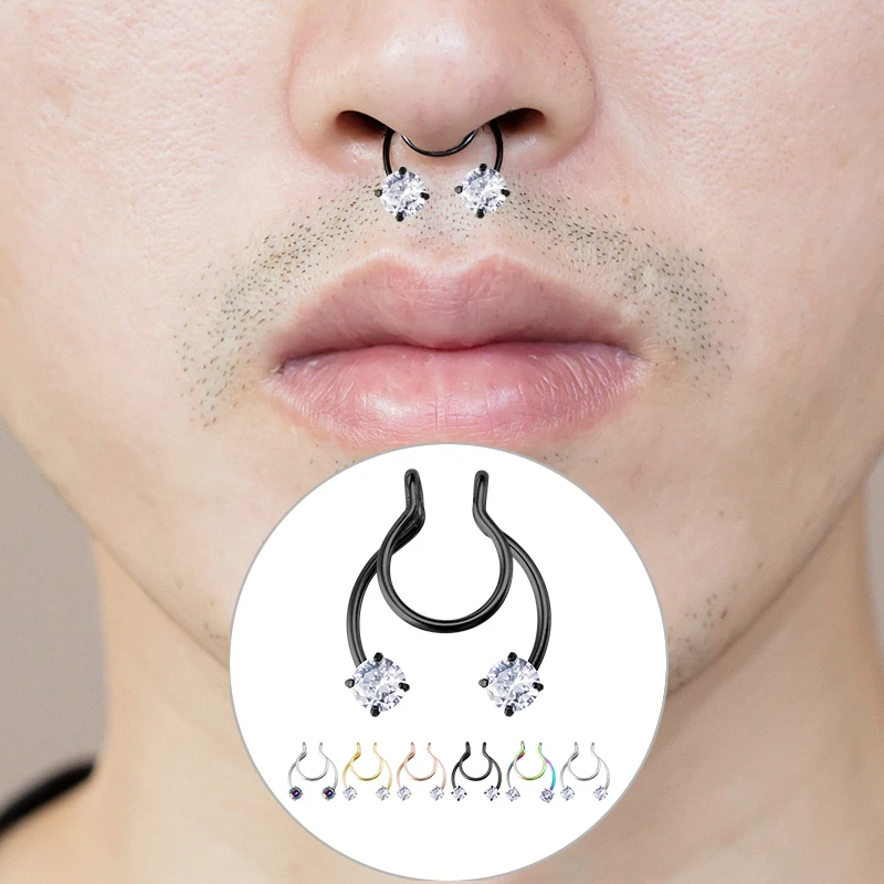 1Pc Crystal Zircon Fake Piercing Nose Septum Ring For Women Stainless Steel Nostril Stud Screw Sexy Charming Nose Horseshoe Ring