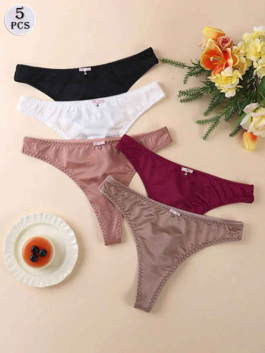 

5 Pcs Women Seamless Solid Color Low Rise Thong Panties Comfortable Bikini Briefs