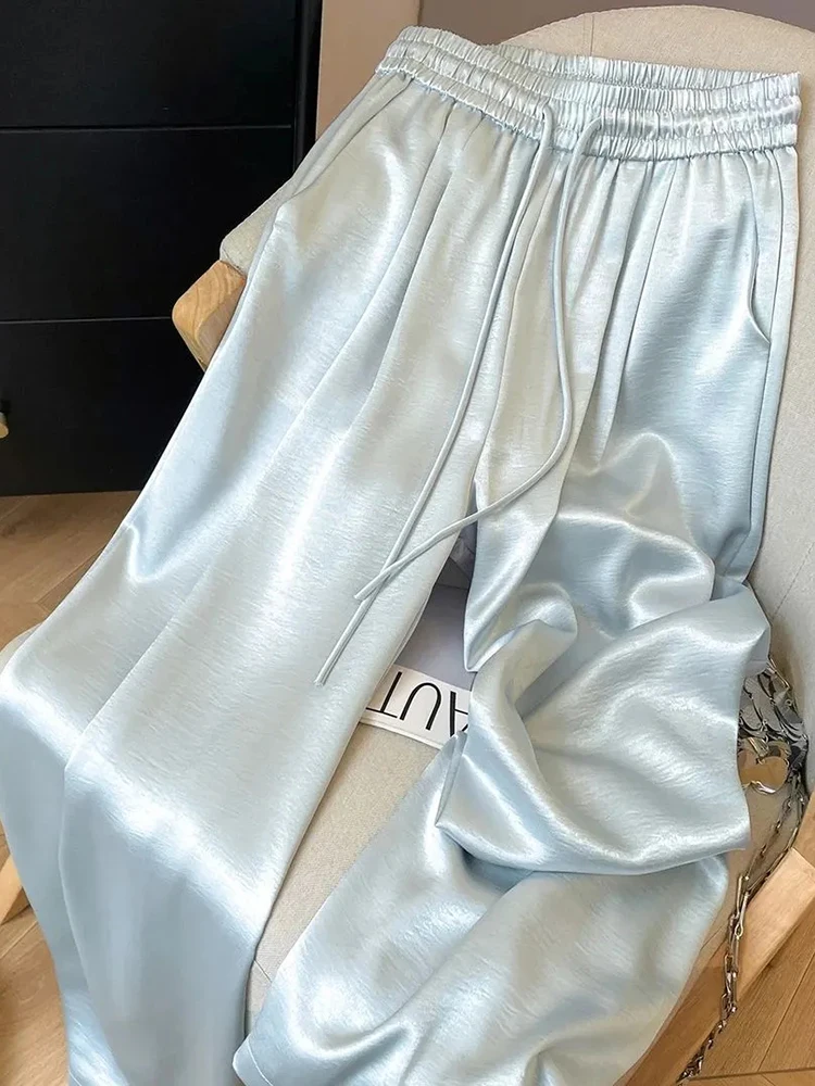 Fashion Satin Wide Leg Pants Women High Waist Chic Elegant Trousers Summer Casual Pockets Female Sweet Ins Soft Lace Up Pant New