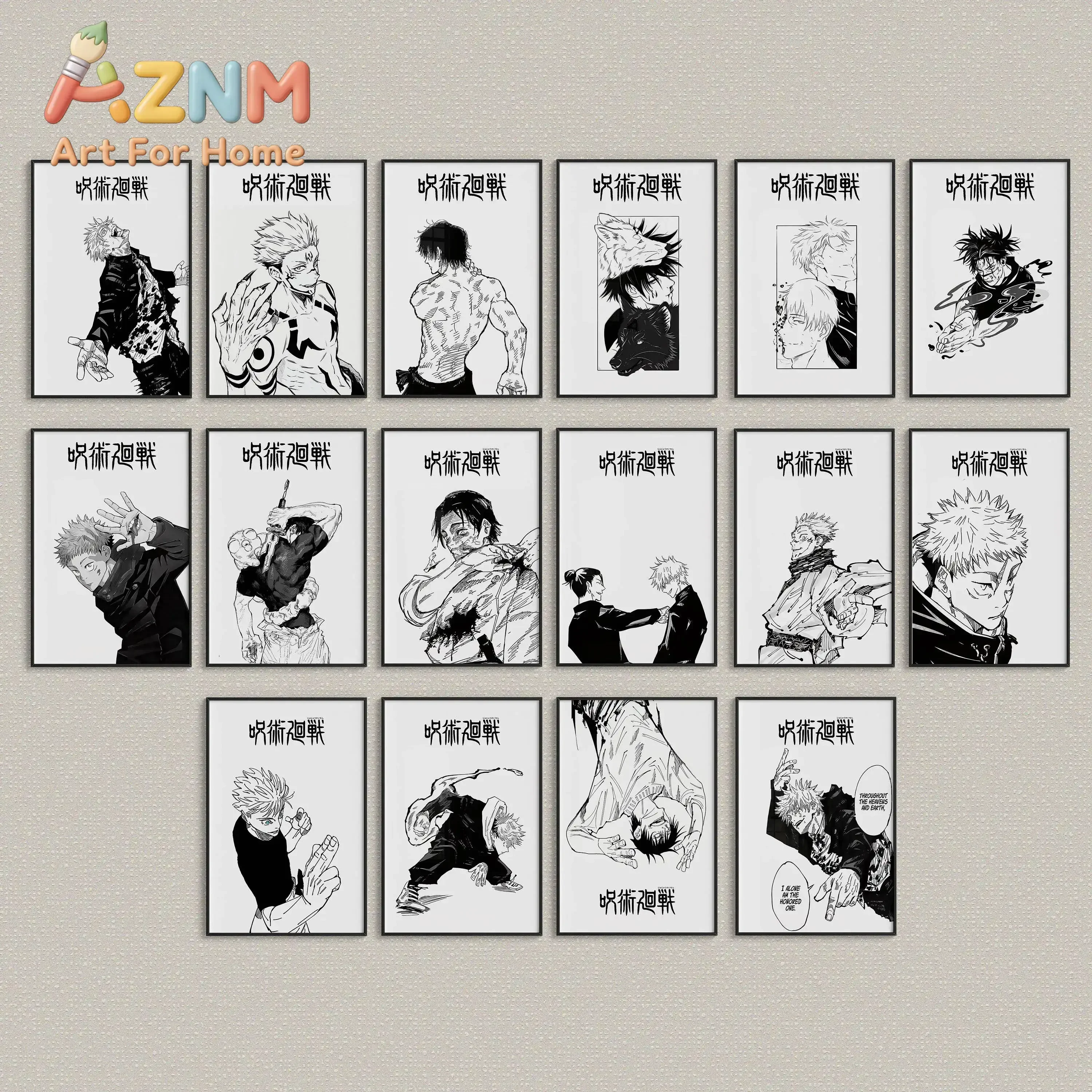 AZNM Jujutsu Kaisen Black White Manga Canvas Wall Art Gojo Sukuna Yuji Character Canvas Print Bedroom Decor Poster