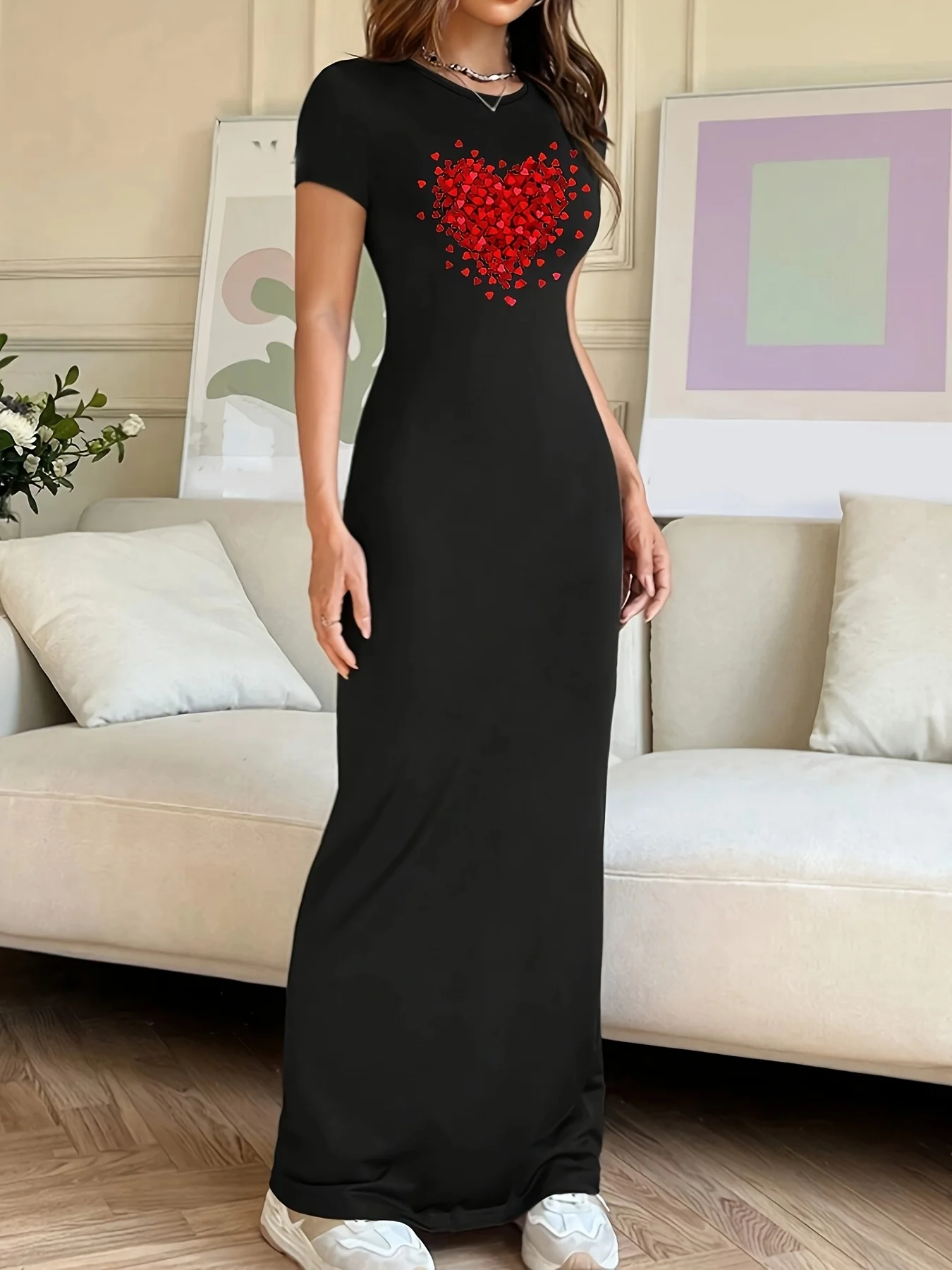 Summer women's slim fit elastic black and white round neck short sleeved T-shirt dress long dress women's clothing