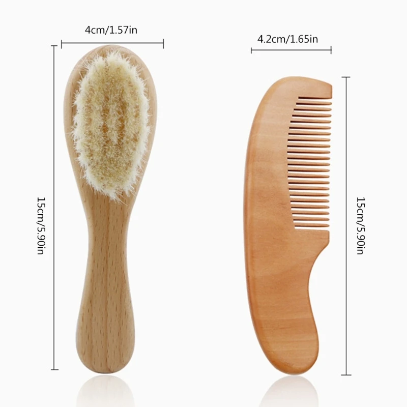 Baby Hair Brush & Comb Set Wooden Handle Baby Round Hair Brush Natural Goat Bristle Cradle-Cap Brush for Toddler Infant