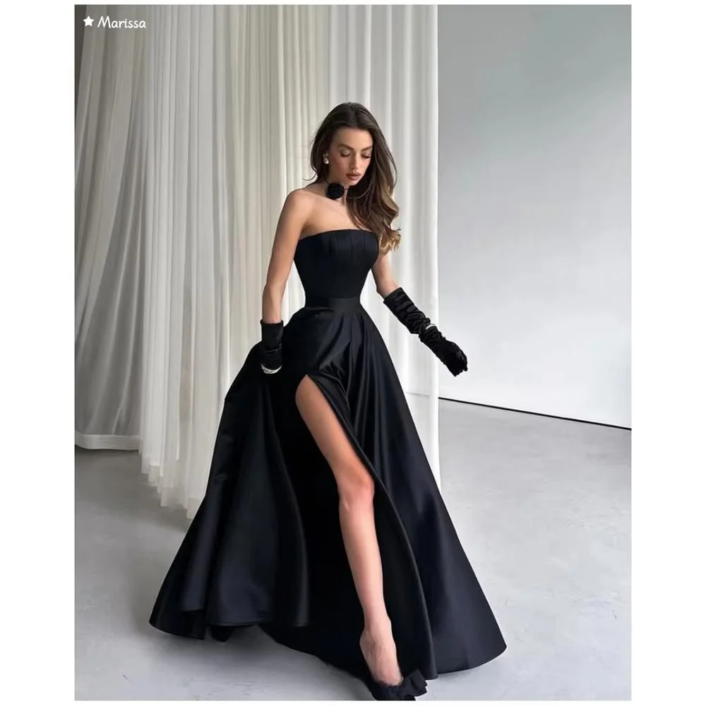 

Marissa Black Glossy Satin Women's Elegant Dresses for Special Occasions A-line Side Slit Evening Dress Woman Custom Made Prom