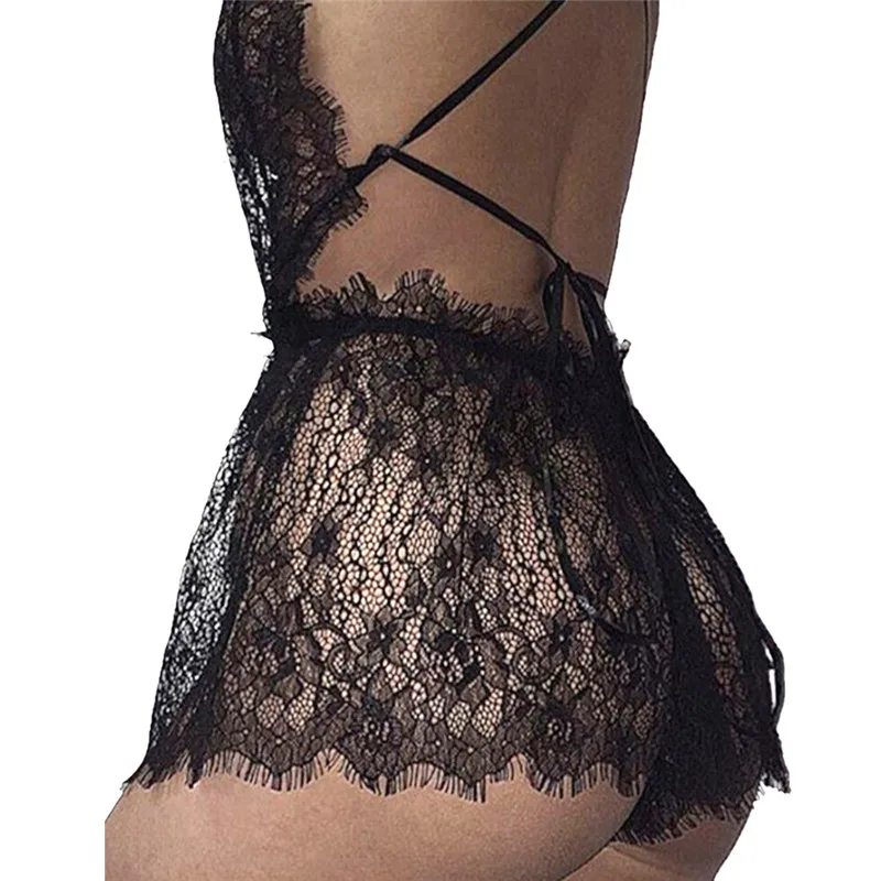 Sexy Teddy Underwear Baby Doll Dress For Women Black Lace Transparent deep v Open Crotch Porn Costumes Bodysuit Erotic Lingerie