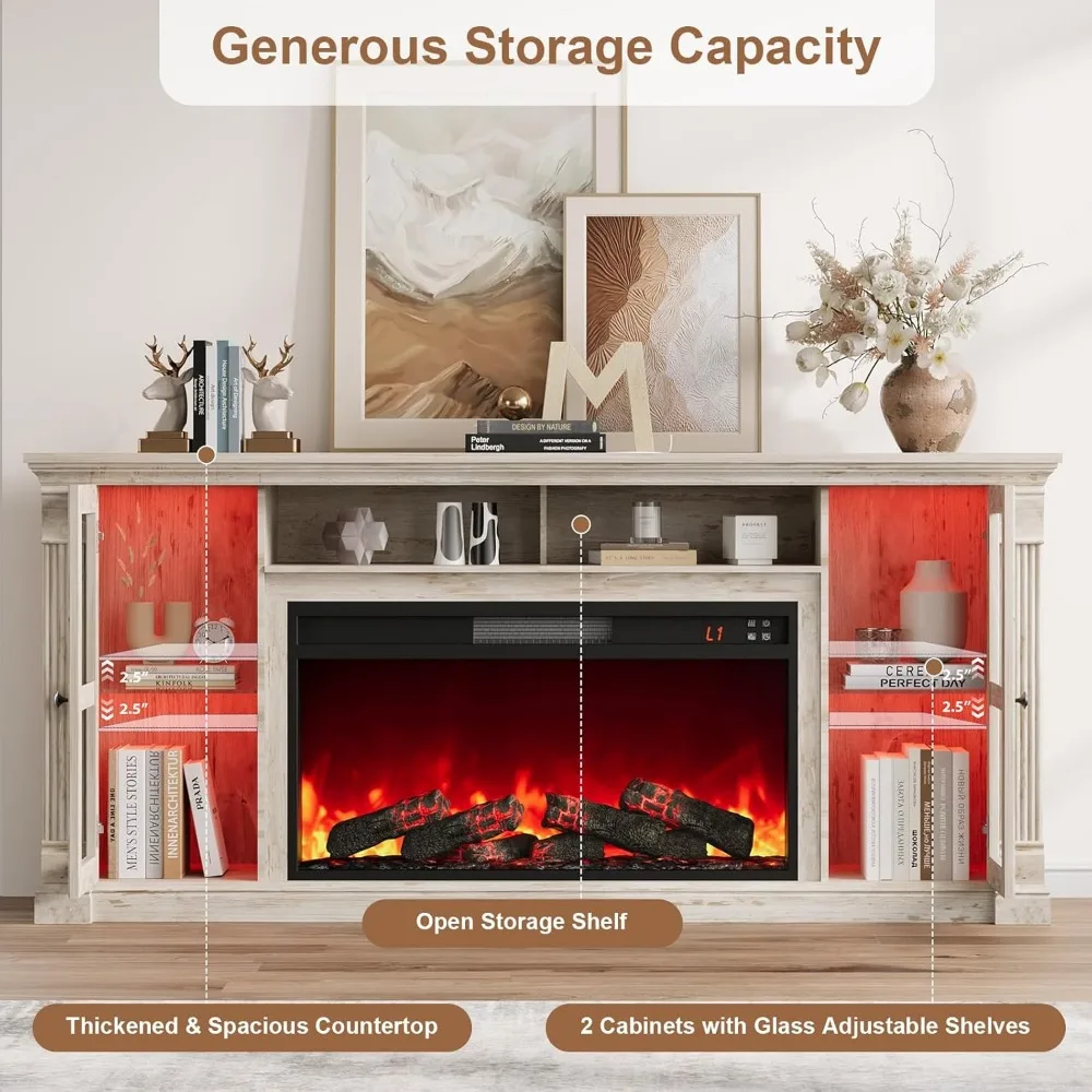 Soporte para TV con chimenea de granja de hasta 80 televisores, 70 centros de entretenimiento modernos con 36 chimenea eléctrica y luces LED, medios