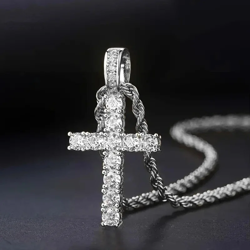 Cross Iced Out Pendant Necklace For Men Hip Hop Delicate Gold Color Cuban Rope Rapper Homme Chain on Neck Accessories