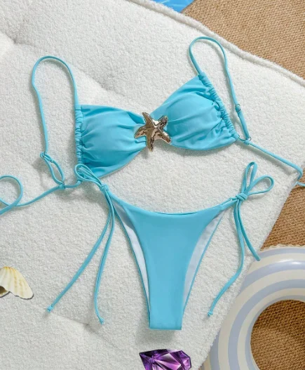 

Женский однотонный комплект бикини с завязками, декором в виде морских звезд, пуш-ап, треугольный купальник из двух частей, стильный сексуальный наряд для пляжа и бассейна