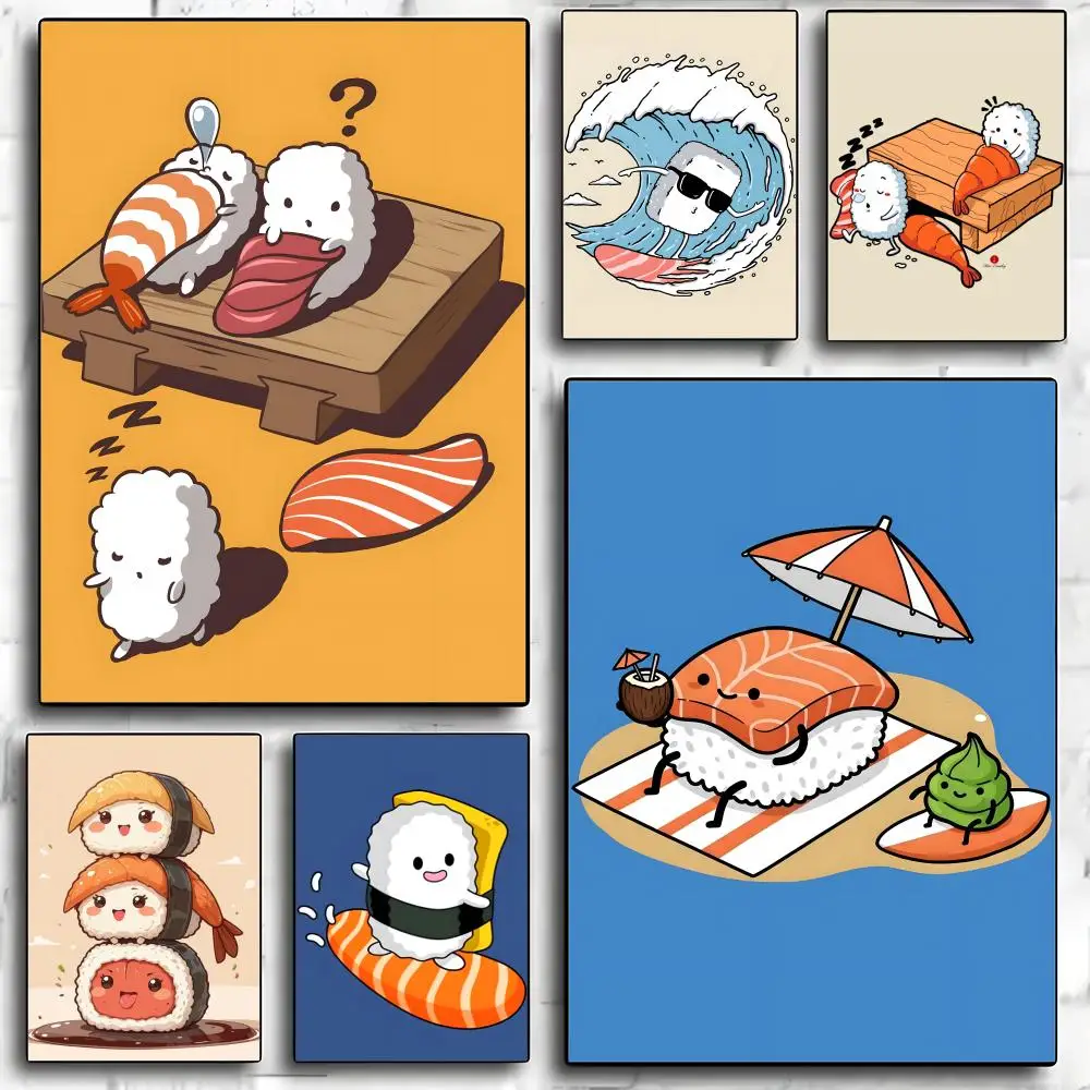 Sushi Foodie Cartoon Artwork Poster HD Art Mural Waterproof Wall Decor Durable DIY Home Decoration for Living Room Bedroom