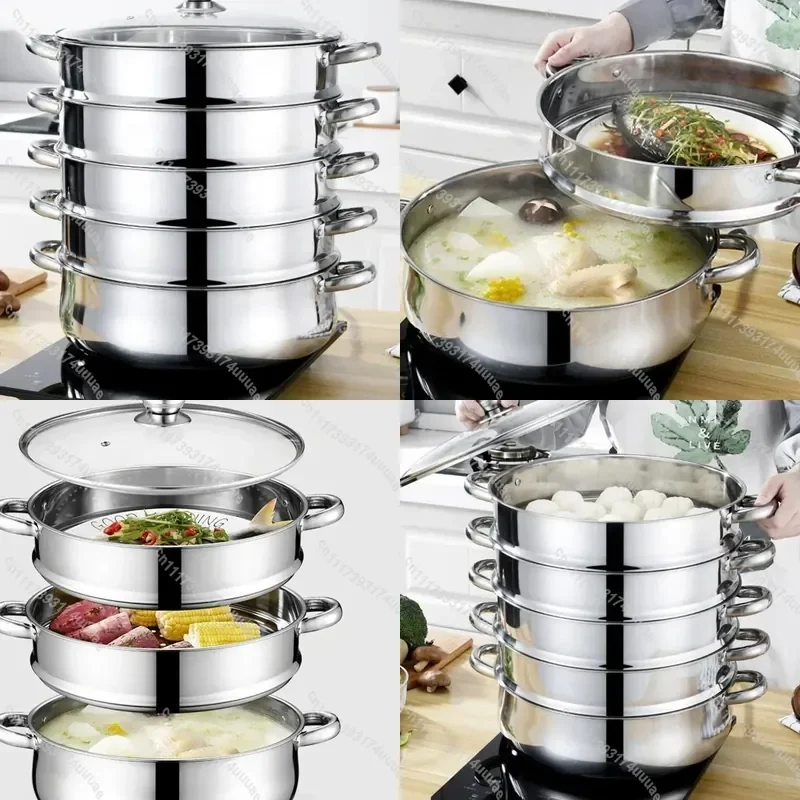 5 Tier Stainless Steel Steamer Pot 28cm 30cm Multi Layer Cooking Stock Pot Multifunctional Silver Soup Steamer Cookware