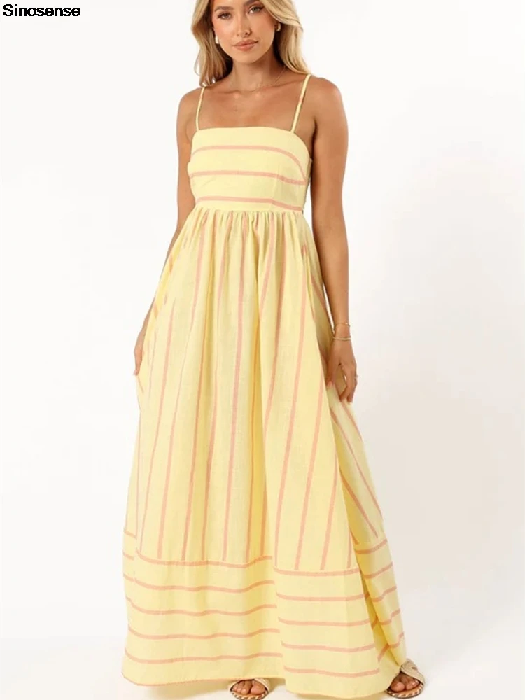 Abito lungo da donna con smock sul retro a righe Abito lungo sexy con cinturino per spaghetti ritagliato Abito lungo altalena fluido Y2K Abito da vacanza per appuntamenti di strada